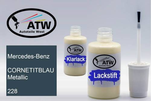 Mercedes-Benz, CORNETITBLAU Metallic, 228: 20ml Lackstift + 20ml Klarlack - Set, von ATW Autoteile West.